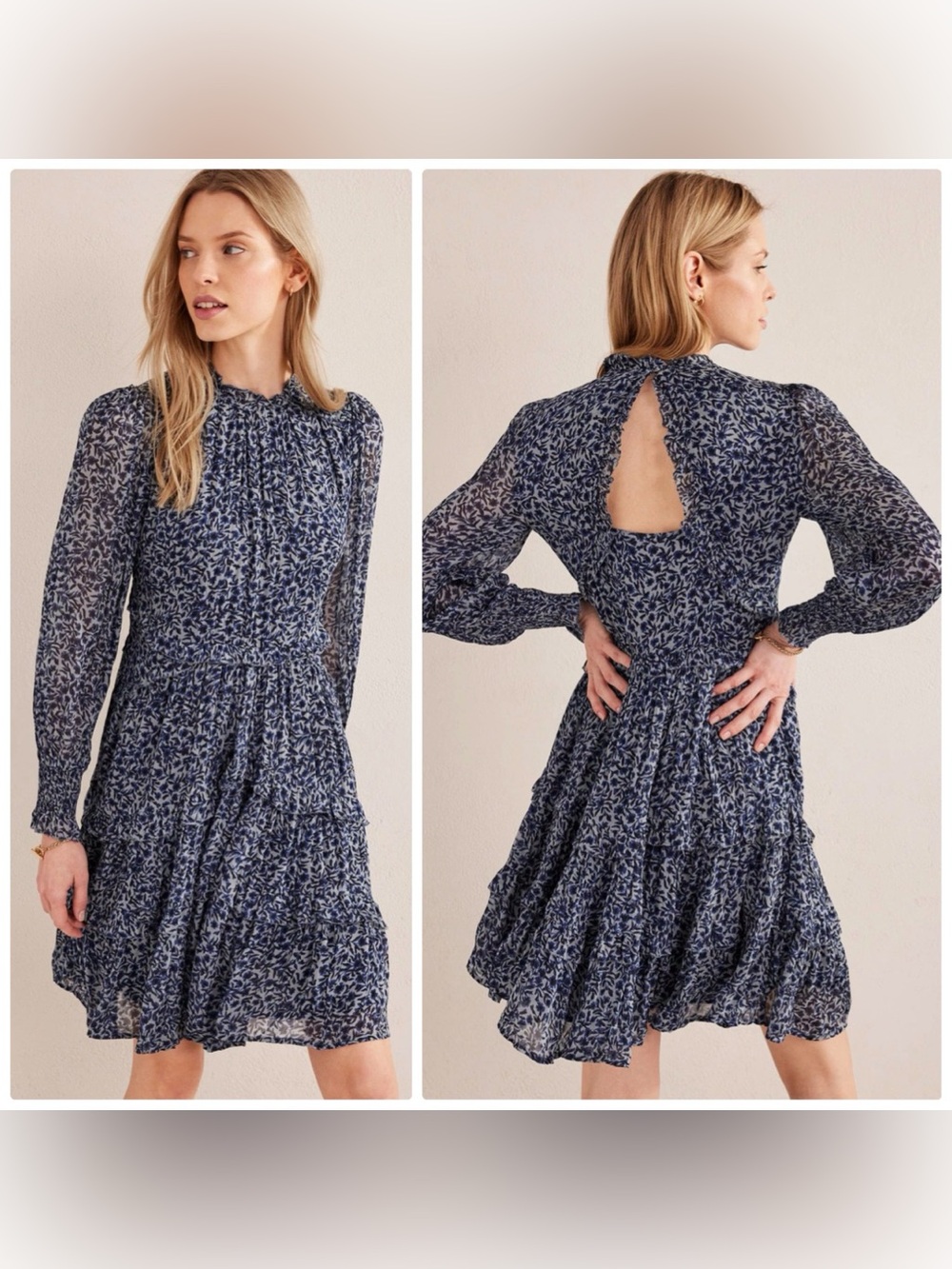 Boden Ruffle open back long sleeve mini dress in blue - 6P nwt